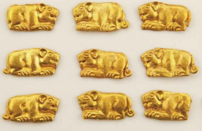 В пазырыкском погребении нашли 26 золотых бляшек в форме крадущихся тигров и бараньих голов