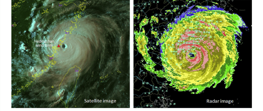 тайфун из космоса: спутниковый снимок и карта погодного радара