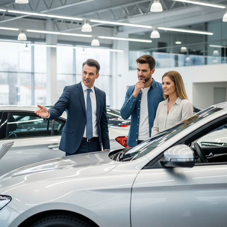 покупатели говорят с продавцом автомобилей