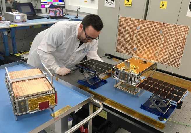 The MarCO CubeSats before being stowed and integrated with the launch vehicle. Photo Credit: NASA